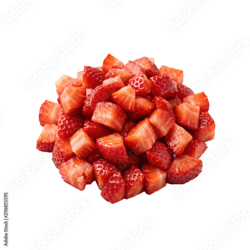 Freshly diced red strawberries piled on a white background