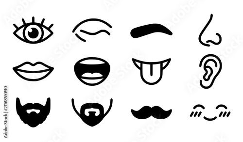 Bold black face part icons featuring eye, eyebrow, nose, lips, mouth, tongue, ear, beard, mustache and blushing eyes