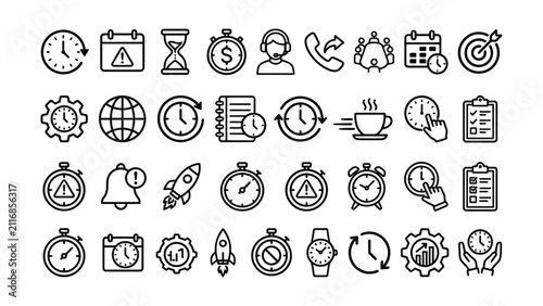 black line icons of business productivity and time management
