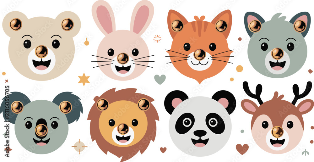 Fototapeta premium Cute Woodland Animal Face Vector Collection with Bear, Bunny, Fox, Wolf, Koala, Lion, Panda, and Deer Cartoon Character Icons