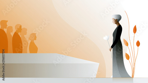 Formal funeral grieving memorial mourning widow sympathy minimalist illustration of widow holding flower memorial service, grieving family