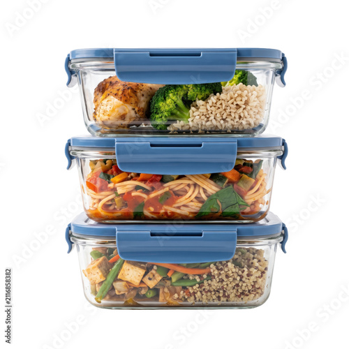 Stack of glass meal prep containers. Healthy food in airtight storage boxes for lunch.