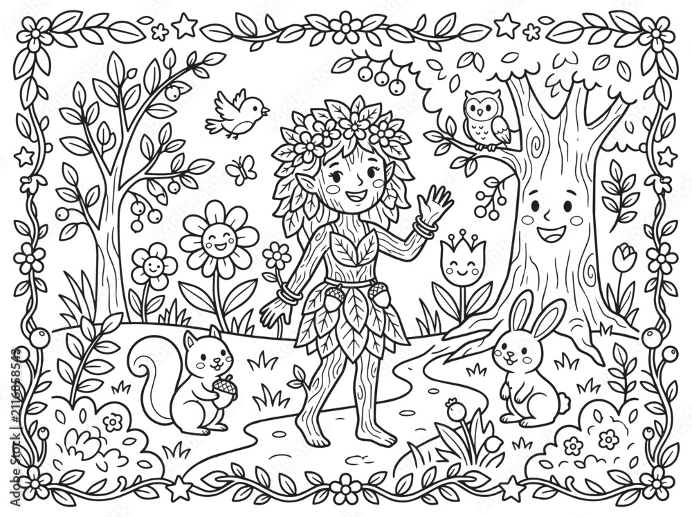 Fototapeta premium Whimsical Forest Fairy and Cute Animals Coloring Page for Kids, Magical Nature Lineart Activity Featuring Squirrel Rabbit Owl and Smiling Trees Outline Illustration