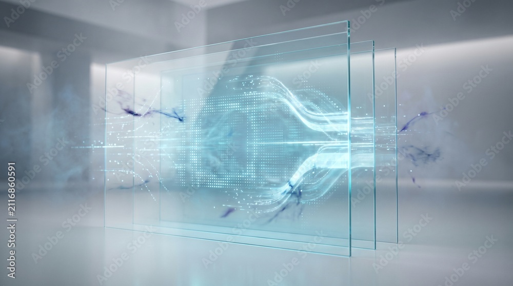 Obraz premium Futuristic Glass Panels with Glowing Digital Data Flow and Optical Circuits