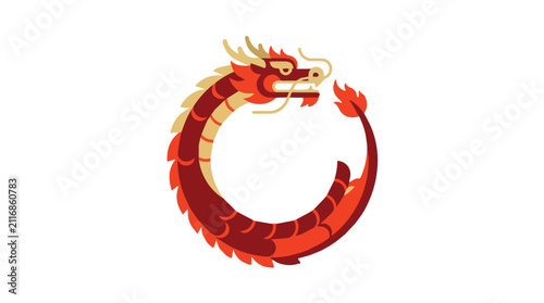 Traditional red and gold Chinese dragon illustration with ornate details and curved shapes for cultural and artistic use