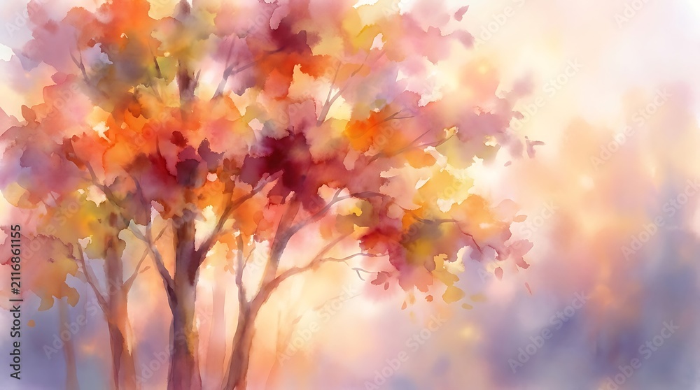 Fototapeta premium Vibrant Watercolor Tree With Autumn Leaves In Soft Blurred Background For Seasonal Art And Design