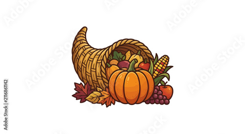 Harvest cornucopia with pumpkin and autumn vegetables.