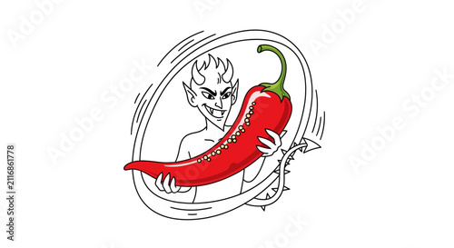 Devil Holding Spicy Red Chili Pepper Illustration