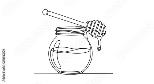 фотографія Continuous line drawing of a honey jar with dipper, dripping honey on white background