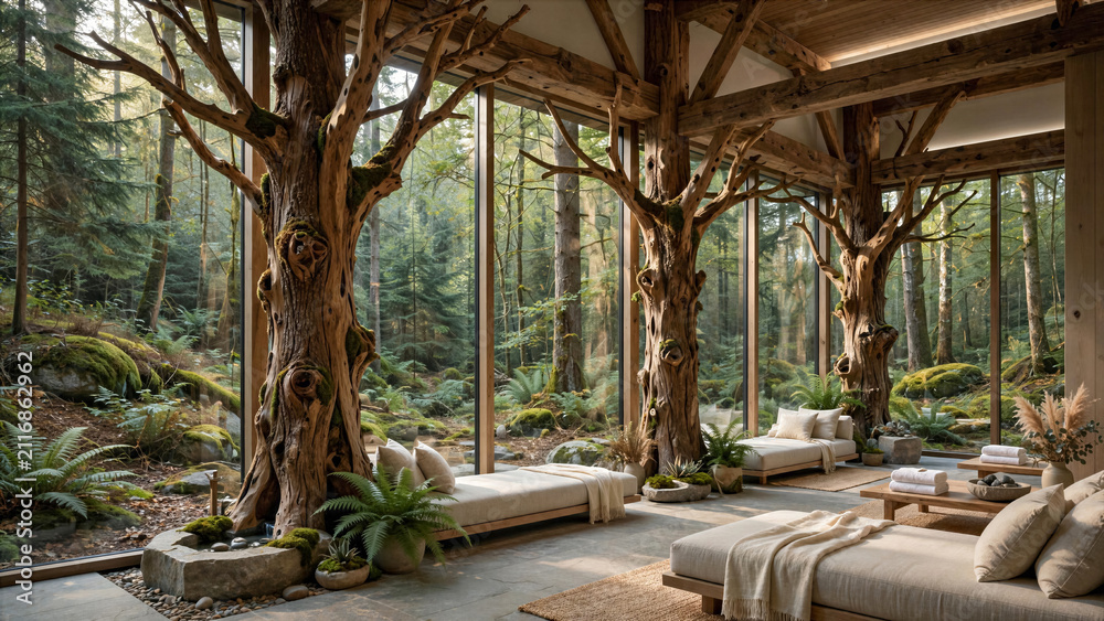 Fototapeta premium High-end architectural photography of a forest wellness spa with timber pillars resembling tree trunks