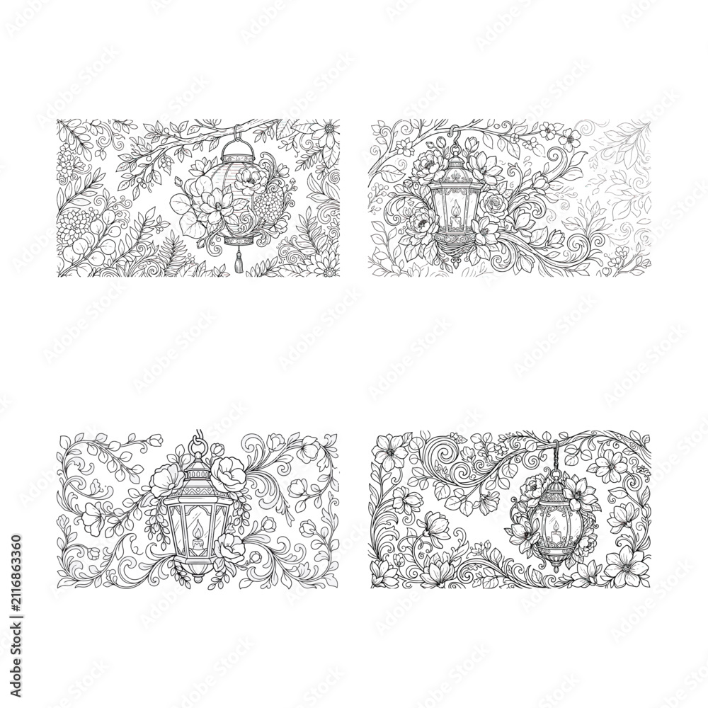 Obraz premium Intricate flowers antistress coloring page for adults detailed botanical lantern designs for relaxation and mindfulness