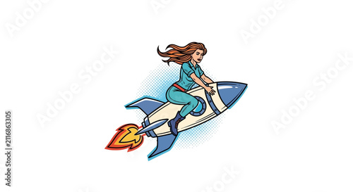 Woman Riding Rocket Ship, Flying High, Speed, Fantasy