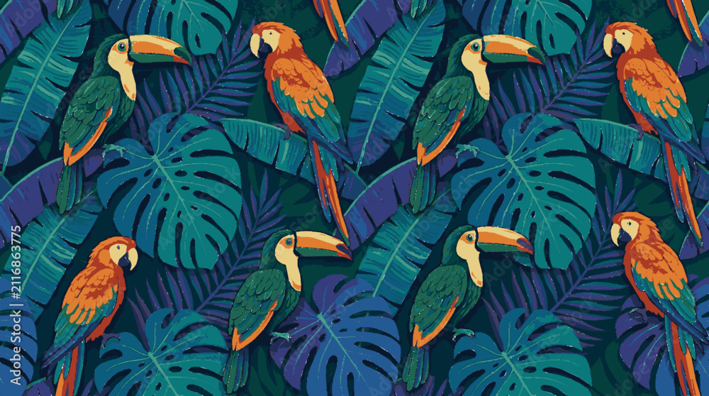 Fototapeta premium Vibrant tropical toucan parrot seamless pattern decorative jungle foliage illustration exotic bird surface design textile print