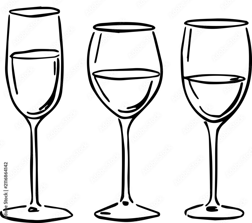 Obraz premium Minimalist Hand Drawn Line Art Illustration of Three Different Wine and Champagne Glasses Set