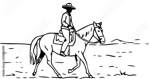Foto Black and White Minimalist Line Art Illustration of a Cowboy Vaquero Riding a Ho