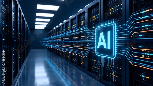 Artificial intelligence infrastructure in modern data center featuring glowing AI microchip icon connected to high performance server racks