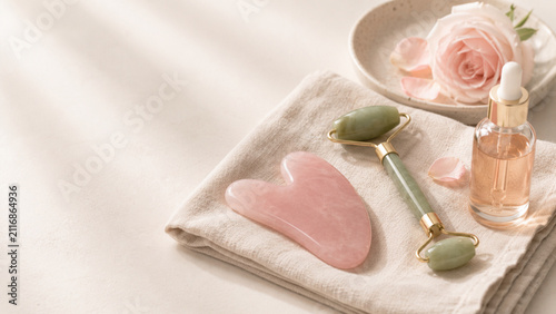 Rose quartz gua sha tool and facial roller on linen cloth with face oil bottle