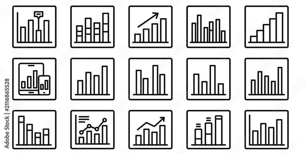 Obraz premium Comprehensive hand drawn bar graph bundle featuring various financial data analysis icons for business reports and presentations