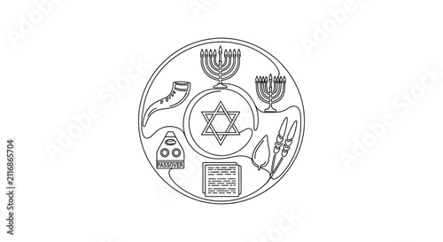 Foto Jewish Symbols Circle: Star of David, Menorah, Shofar, Torah, Dreidel