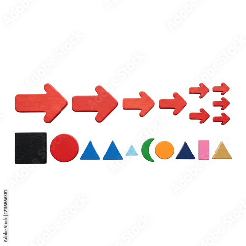 Montessori wooden shapes and arrows. Educational geometric blocks for child development.
