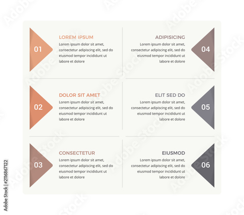 Structured two-column infographic with six numbered triangular arrow markers pointing to text blocks, symbolizing organized sequential steps and balanced information