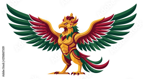 Colorful heraldic dragon with outstretched wings vibrant red green gold detailed medieval mythical creature