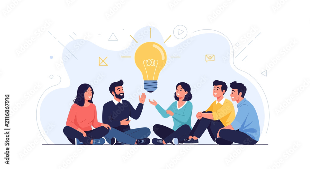 Fototapeta premium Diverse group of people sitting in a circle, brainstorming ideas with a glowing lightbulb symbolizing innovation and creativity