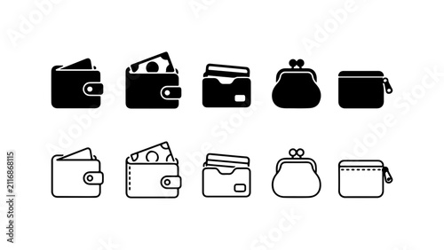 Wallet and Coin Purse Icon Set in Silhouette and Outline Style