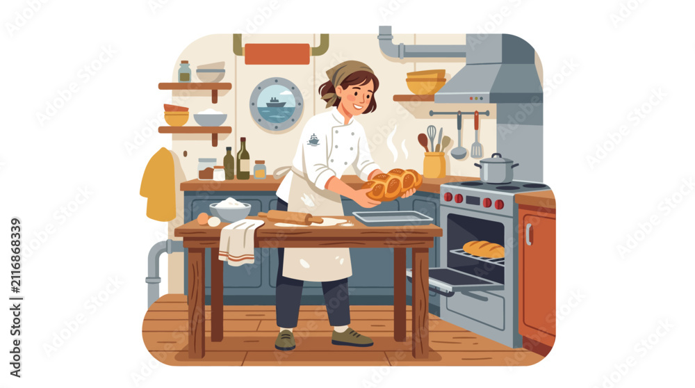 Fototapeta premium Female baker holding tray of fresh bread in kitchen.