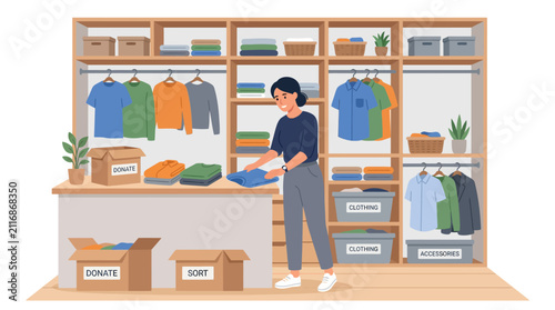 Woman sorting and organizing clothes for donation.