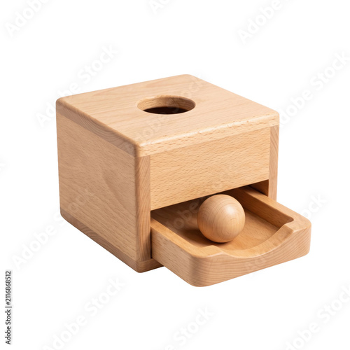 Wooden Montessori object permanence box. Educational toy for toddlers and early development.