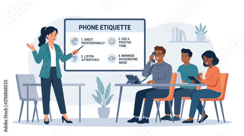 Professional phone etiquette workshop in modern office setting.