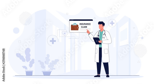 Doctor Explaining Medical Insurance Claim Process with Digital Tablet and Web Interface in Modern Clinic Hallway