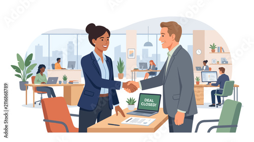 Business partners shaking hands after successful deal closing