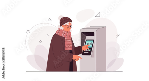 Elderly Woman Using Touchscreen Kiosk for Payment or Information