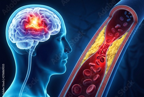 Medical illustration of a human brain with a stroke and a narrowed artery with plaque buildup
