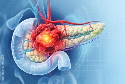 3d medical illustration of a pancreatic tumor located in the head of the pancreas