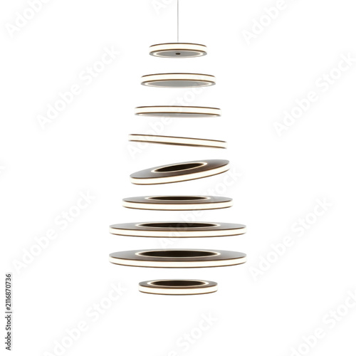Minimalist hanging pendant light fixture with five cylindrical shades. Modern industrial ceiling lamp isolated for interior design and decor projects.