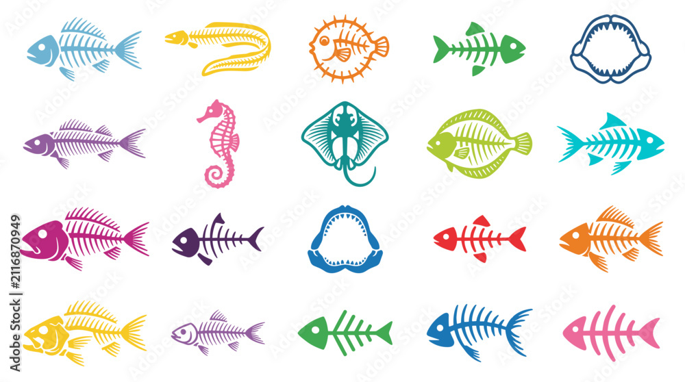 Obraz premium Colorful Marine Animal Skeleton Icon Collection