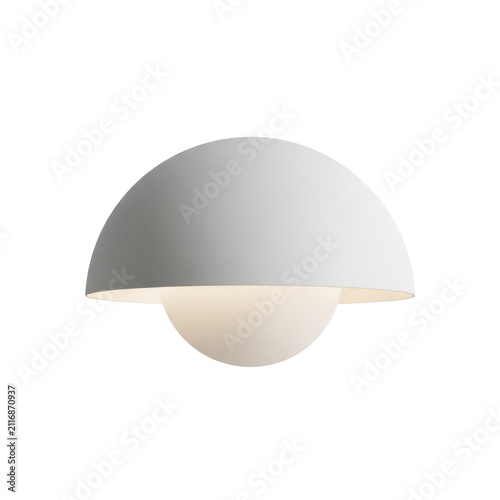 Modern white dome wall lamp. Minimalist hemispherical light fixture isolated on white.