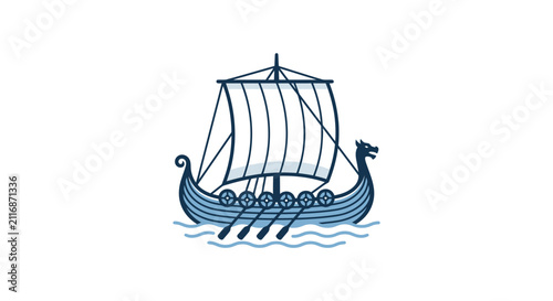 Viking Ship Illustration - Nordic Longboat with Dragon Head and Sails on Wavy Water, Minimalist Design