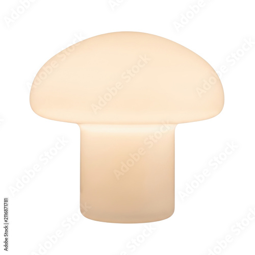 Modern mushroom table lamp. Minimalist glowing bedside light isolated on white background.