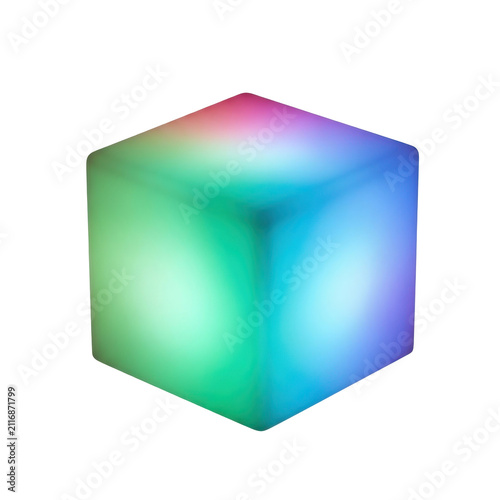 Glowing LED cube lamp isolated on white. Modern RGB color changing light block for decor.
