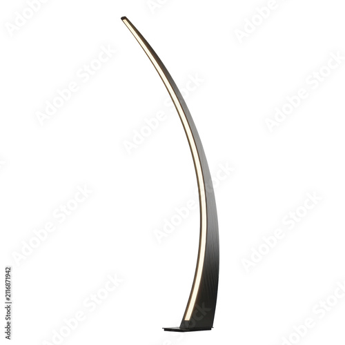 Modern curved LED floor lamp. Minimalist arc lighting fixture isolated on white background.