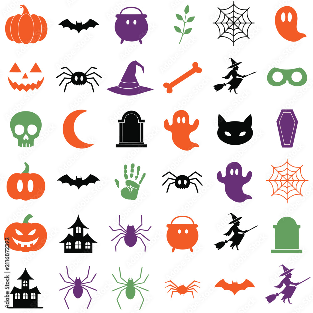 Fototapeta premium Large set of colorful halloween icons including spiders, pumpkins, ghosts, bats, witches, cauldrons, skulls, tombstones, and haunted houses