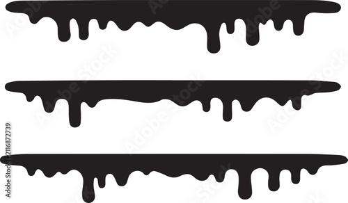 Fotografie Set of three black liquid drips and melting paint borders for creative graphic d