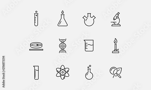 Laboratory line editable icon set. Containing experiment, test tube, microscope, flask, chemical, biology, research