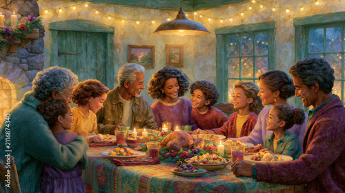 Family holiday dinner thanksgiving turkey celebration togetherness string light
