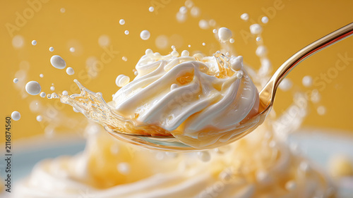 Extreme close up spoon creamy dessert milk splash whipped cream golden background macro food texture with rich dairy swirl and dynamic splash