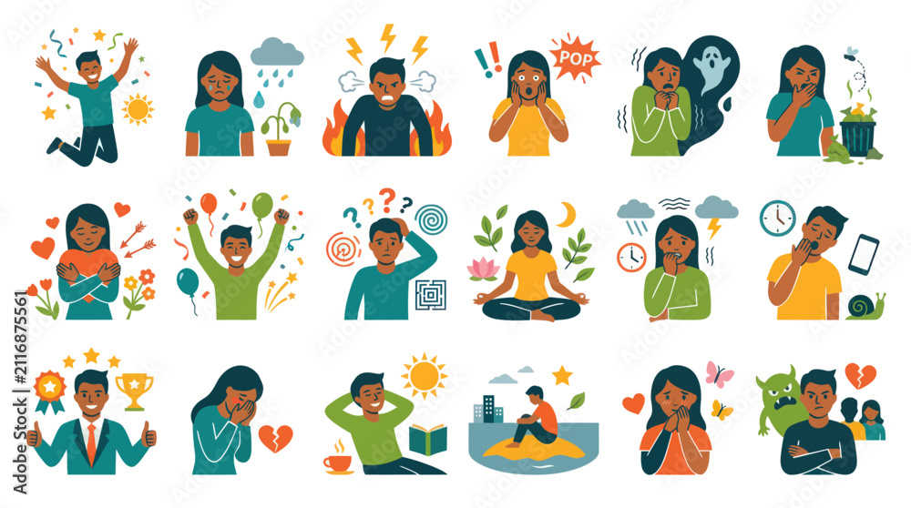 Fototapeta premium Flat Vector Illustrations of Diverse Emotions and Feelings for Mental Health